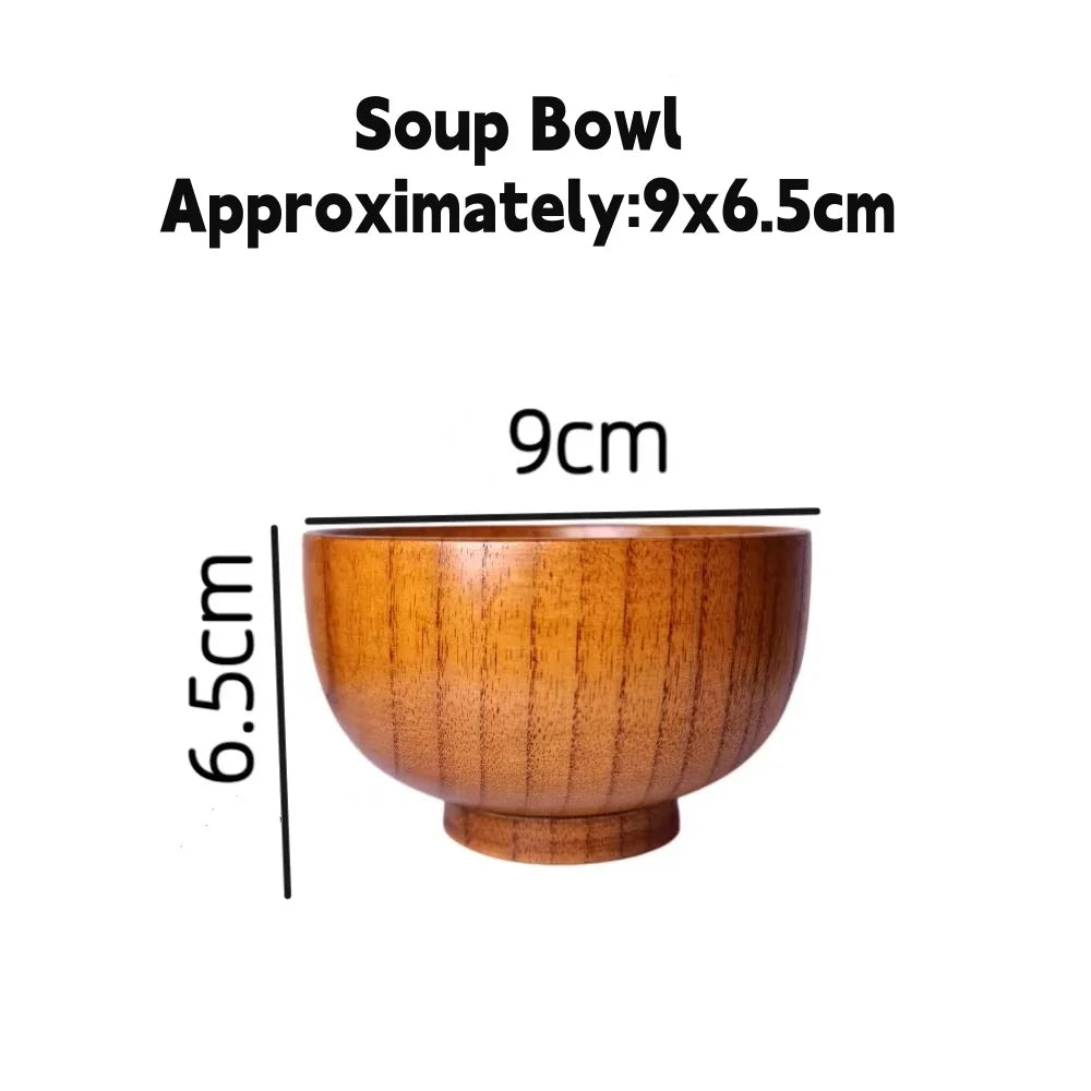 Kitchen Natural Wooden Soup Bowls,Round Fruit Salad Rice Bowls,With Spoon Set Food Containers Bowls,Large Tableware Noodle Bowls