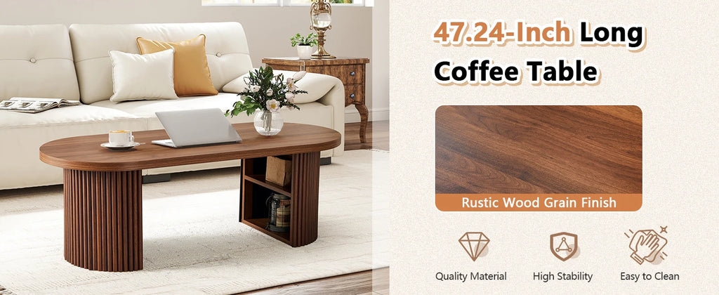 AVZEAR Oval Fluted Coffee Table for Living Room, Mid Century Modern Coffee Table with Storage, Curved Round Wooden Center Table