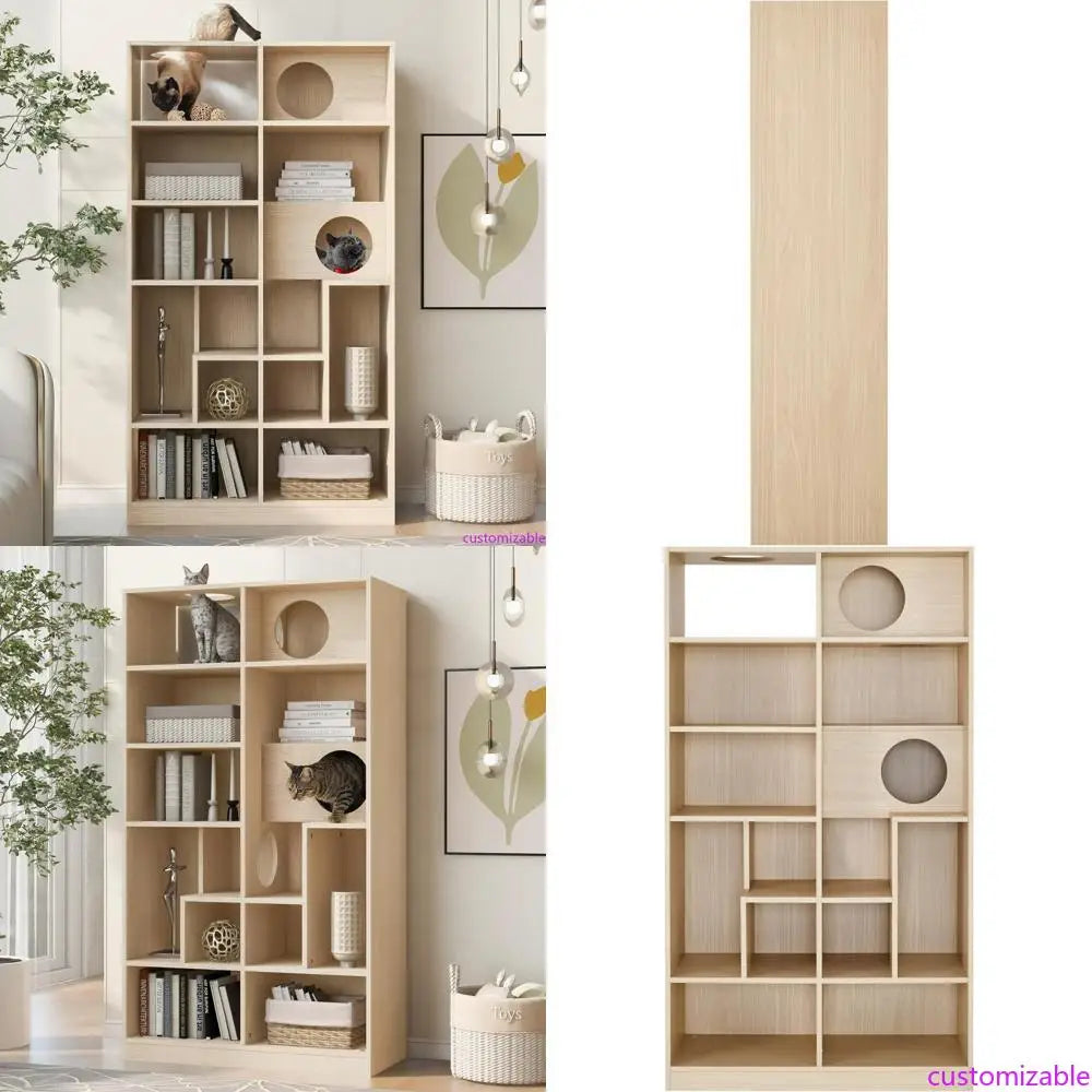 5-Tier Pet-Themed Bookshelf: Stylish Furniture with Cat-Friendly Tree Shelves and Round Hollow Door