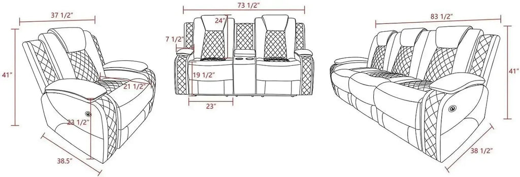 Multifunction Power Air Leather Recliner Sofa Set with LED Lights, Living Room Furniture, Reclining Sofa, Loveseat, Chair