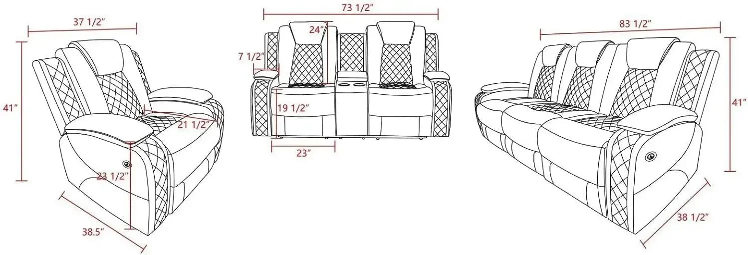 Multifunction Power Air Leather Recliner Sofa Set with LED Lights, Living Room Furniture, Reclining Sofa, Loveseat, Chair