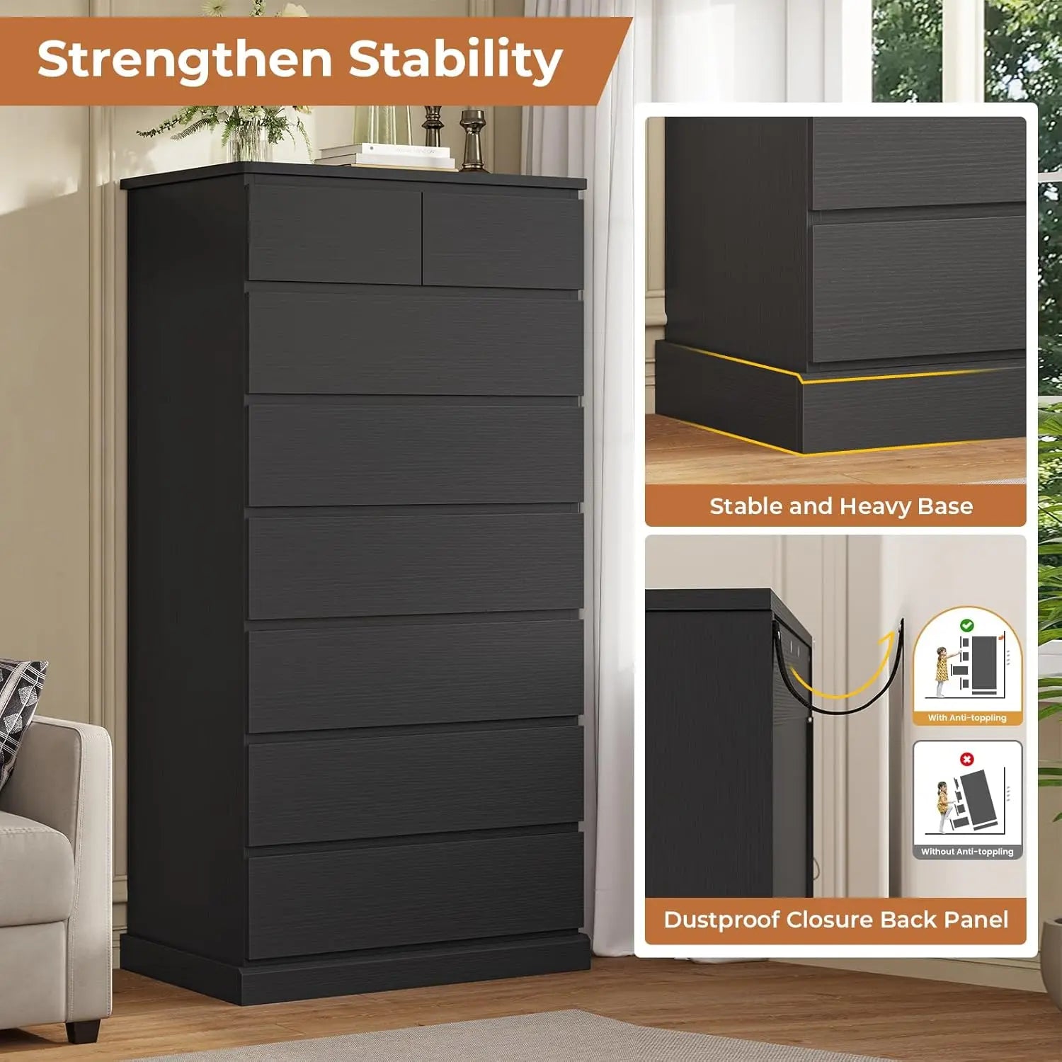 Black Tall Dresser for Bedroom with 8 Drawers, 59.6" Tall Dressers & Chests of Drawers, Modern Wood Closet Organizer