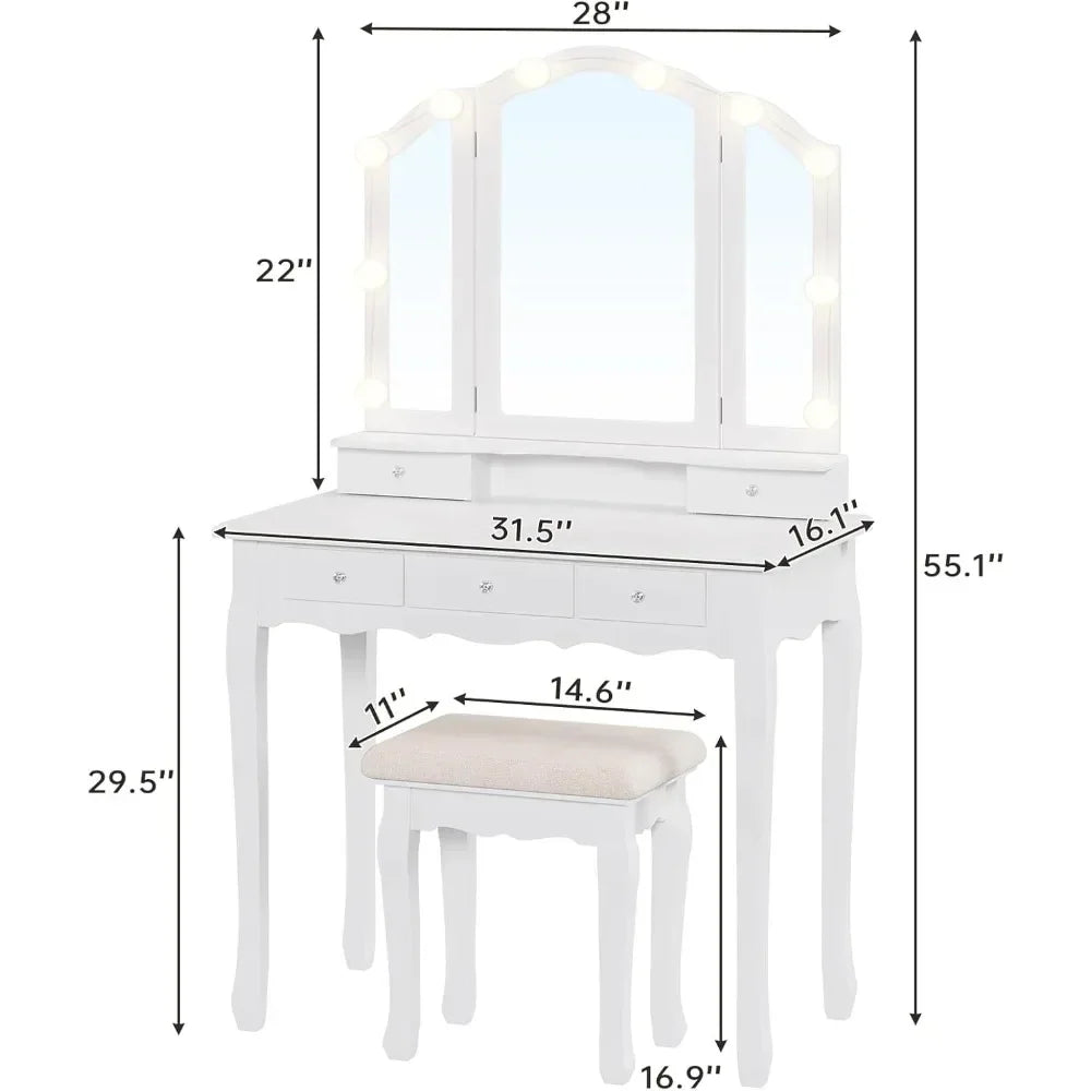 New Vanity Table Set with Lighted Tri-Folding Mirror, Makeup Vanity with Lights & 3 Color Lighting Modes, Vanity Desk/ Mirror