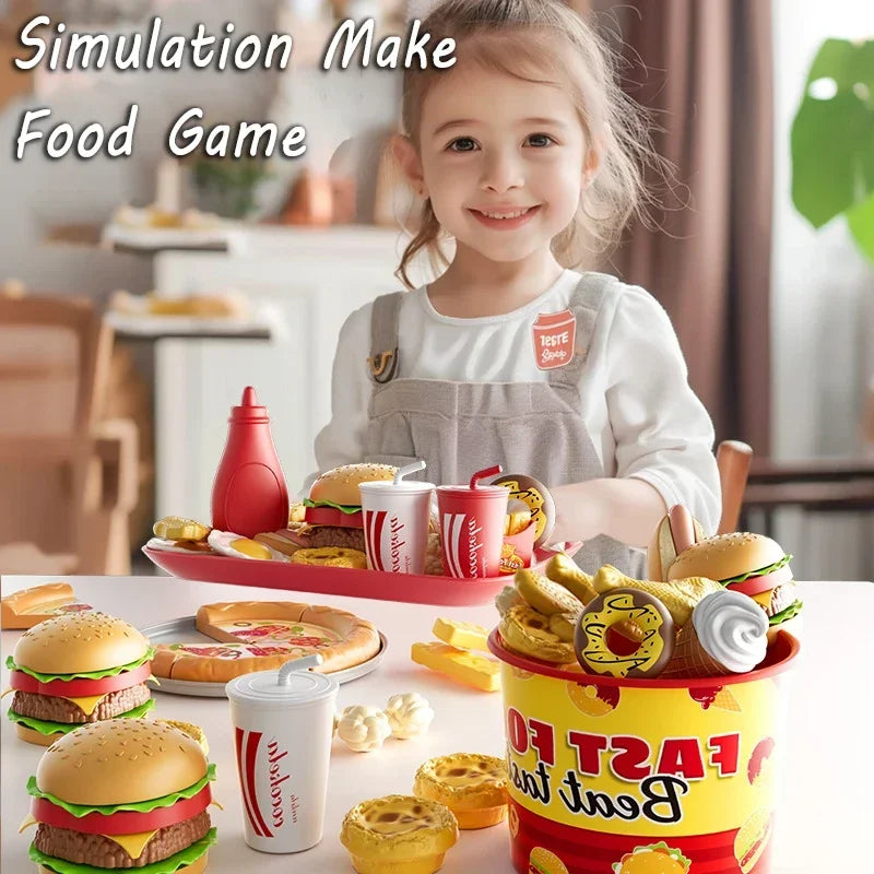 Kid Kitchen Toy Set /Simulation/ Make Hamburgers, Pizza, Fries, Pretend Play Food Cooking/ Cutting Game/ Montessori Interactive Toy Gift