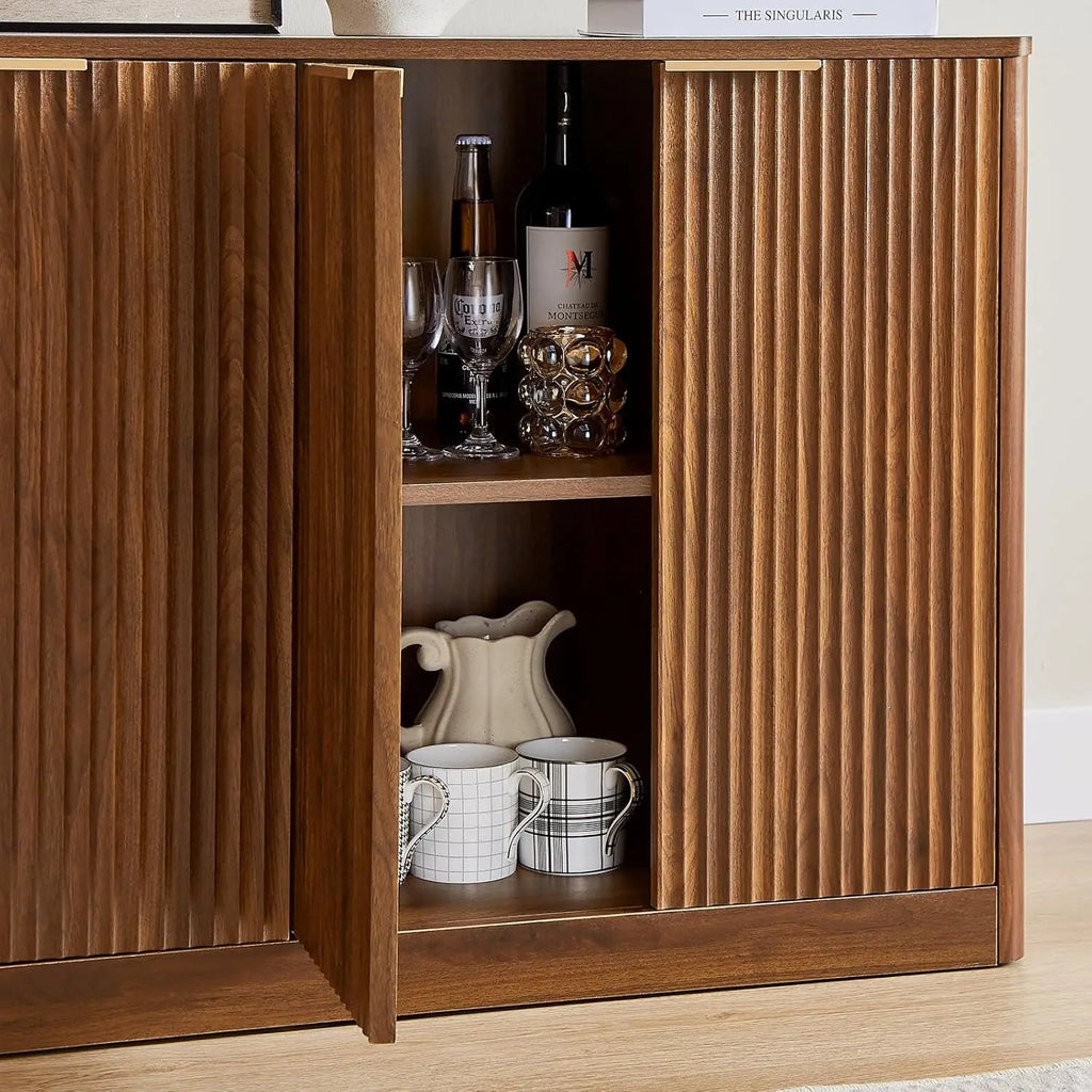59" Fluted Walnut Sideboard Buffet Cabinet , Large Buffet Cabinet , Wood Mid Century Modern Sideboard