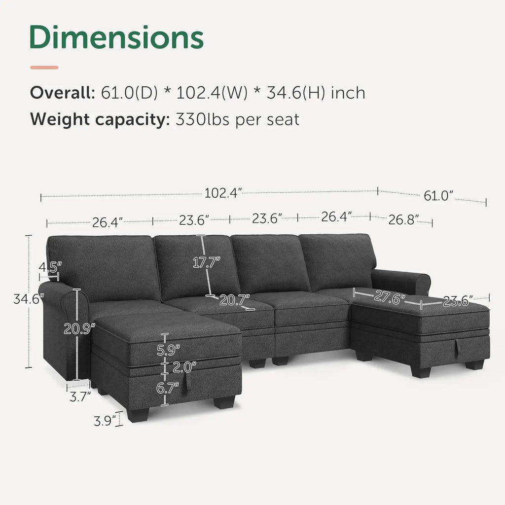 Sectional Sofa with Storage Seat U- Shaped Couch with Reversible Chaise/ Convertible Sectional Couches