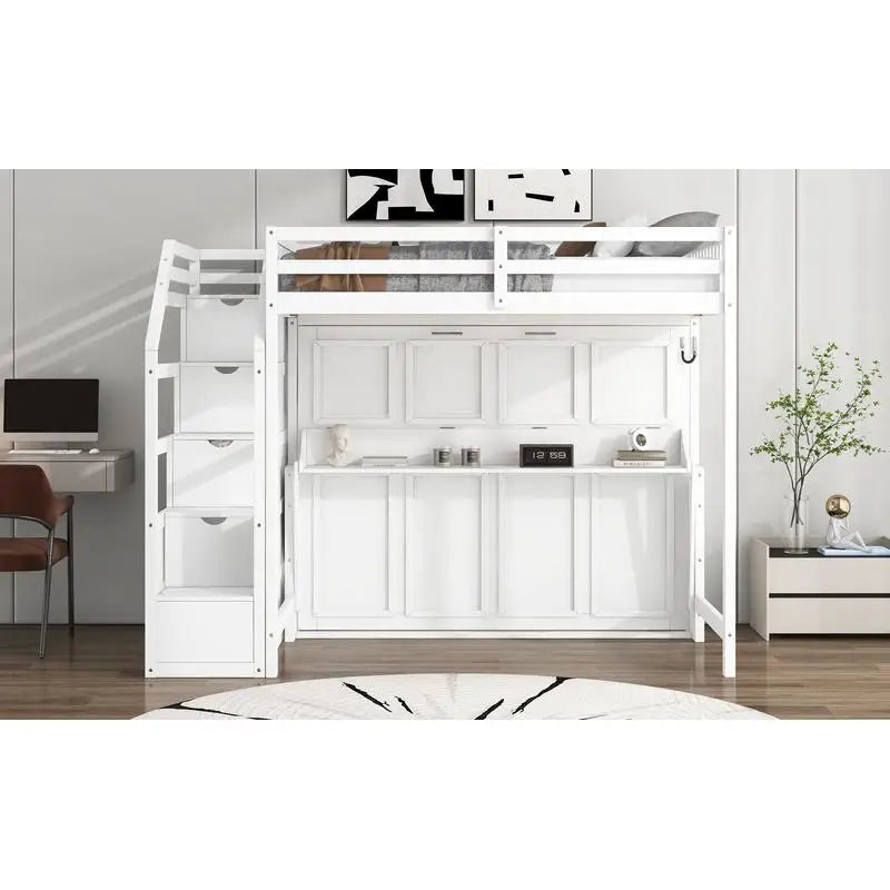 Full XL Loft Bed with Storage Staircase and Murphy Bed, LED Light, White Finish