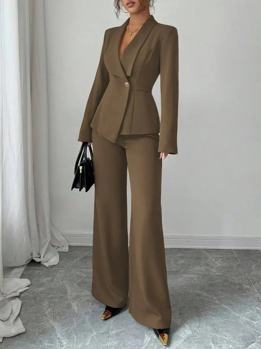 Women's Casual Elegant Solid Color Pocketless Green Collar Long-sleeved Jacket Top and Simple Wide-leg Pants Two-piece Set