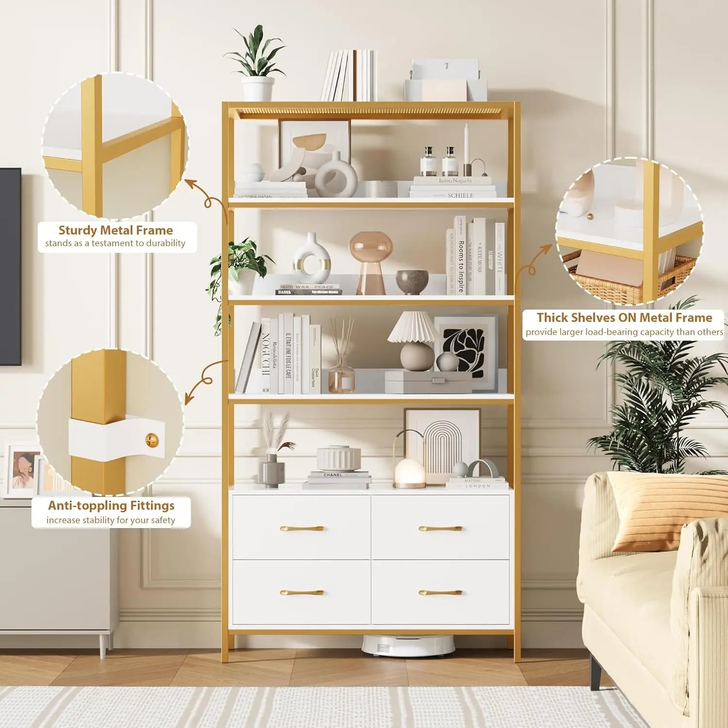 5-Tier Bookshelf with Drawers, 71" Tall Book Shelf with Storage, 35.4" Wide Industrial Etagere Bookcase, Modern Display Storage