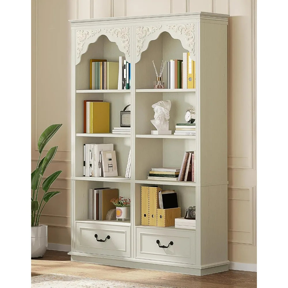 Vintage 70" High 8-Tier Bookshelf with Arched Shelves, Drawers, Roman Columns, and Classic Carved Style