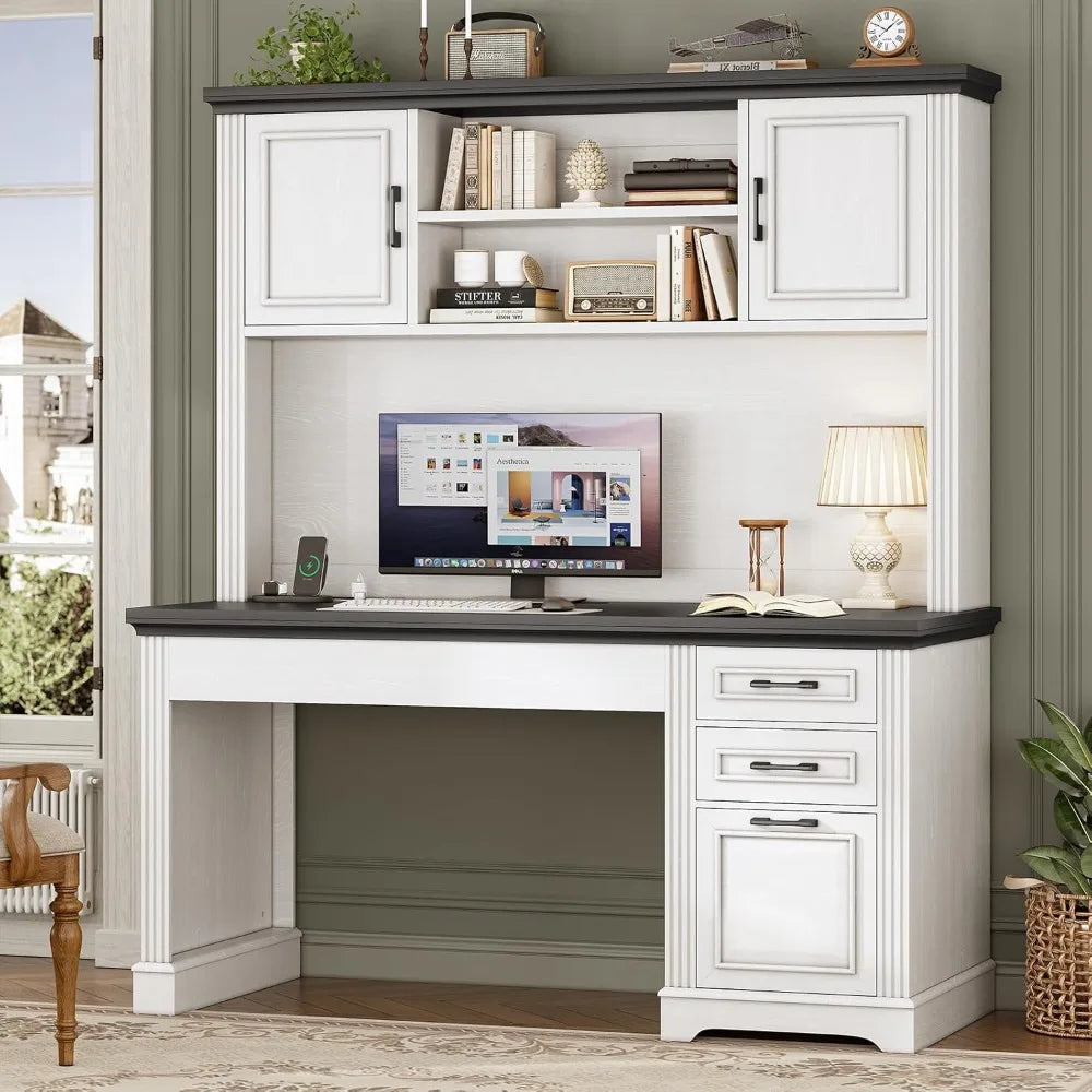 Farmhouse Computer Desk with Hutch and 3 drawers, with Power Outlet
