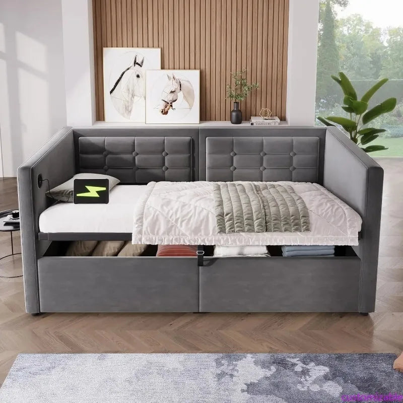 Twin Upholstered Velvet Daybed with Hydraulic Storage, USB & Type-C Ports, Wooden Slat Support, Tufted Sofa Bed Frame