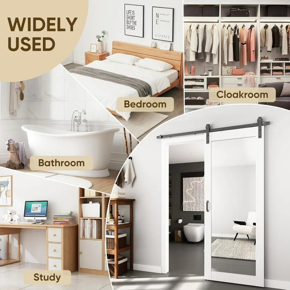 36" by 80" Solid Wood Mirrored Barn Door with 6.6 Feet Hardware Kit and Full-Length Mirror