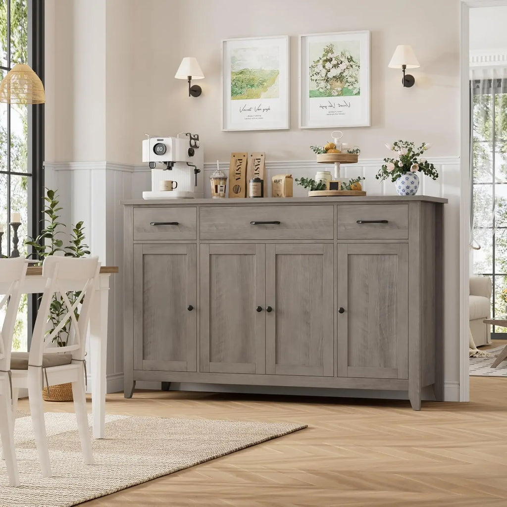 55" Modern Farmhouse Sideboard Buffet with Drawers, Large Kitchen Storage Cabinet, Adjustable Shelves, Grey