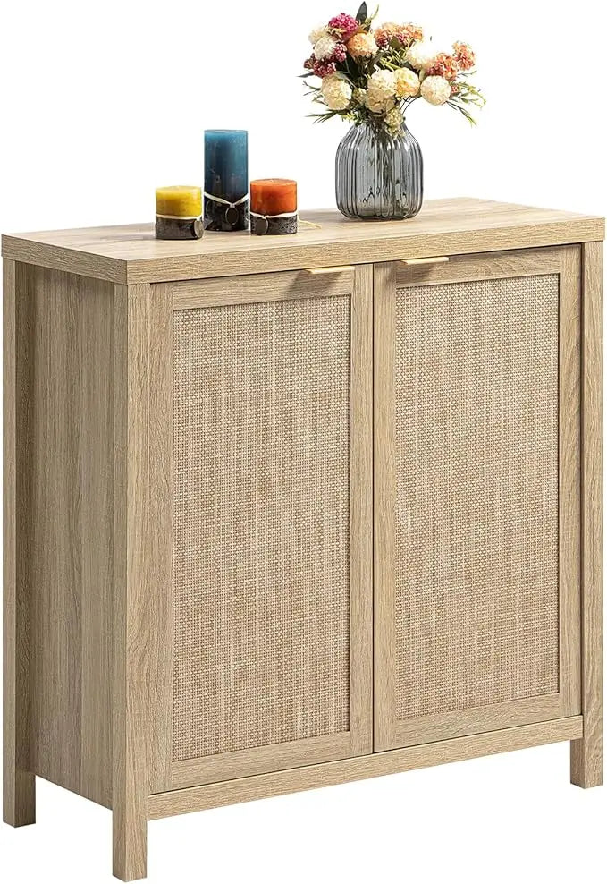 Rattan Sideboard Buffet Cabinet - Boho Large Credenza Storage Coffee Bar Cabinet with Rattan Storage, Buffet Console/ Accent Table