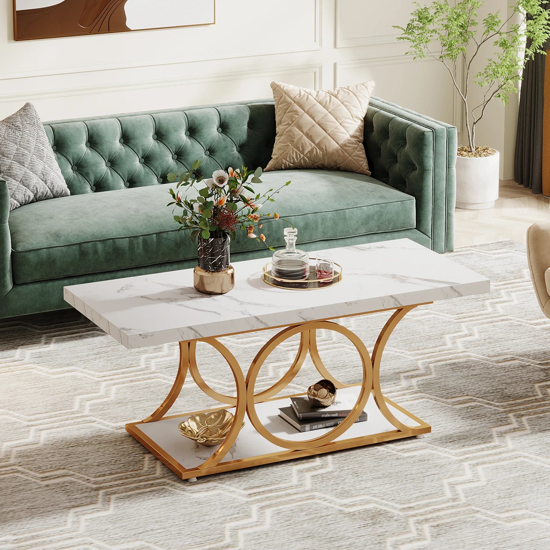 Rectangle Coffee Table, 2-Tier Faux Marble Wood