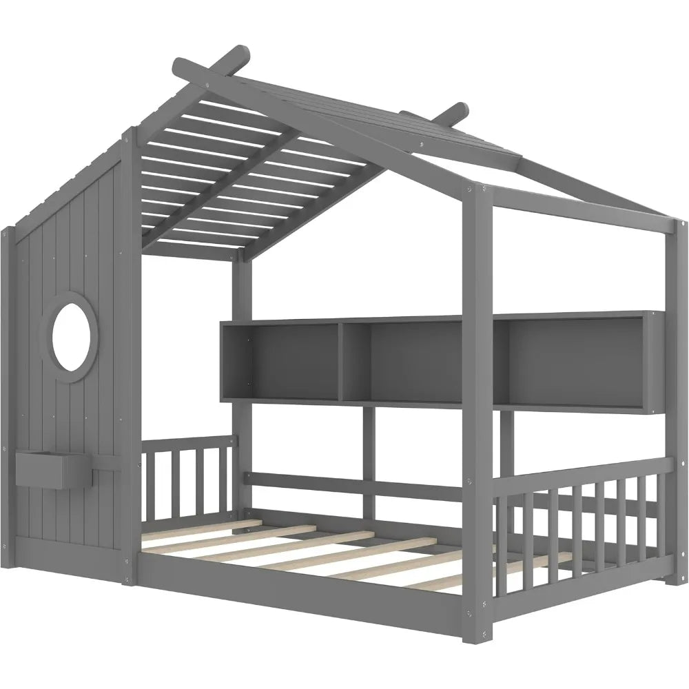 Twin-Sized Storage-Friendly Kids' Montessori Bed with Wooden House Frame and Roof