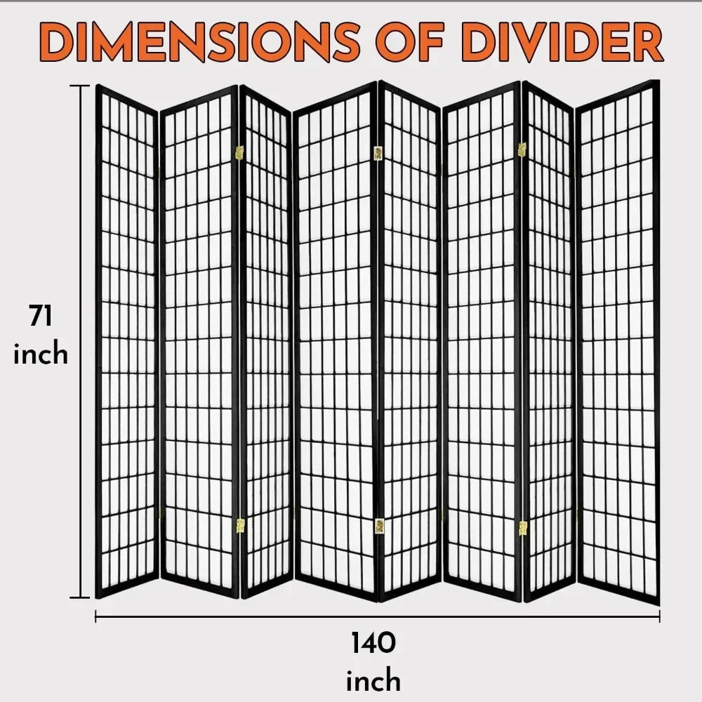 8 Panels Room Divider Privacy Screen Partition Shoji Style Black Finish 71" High x 140" Wide