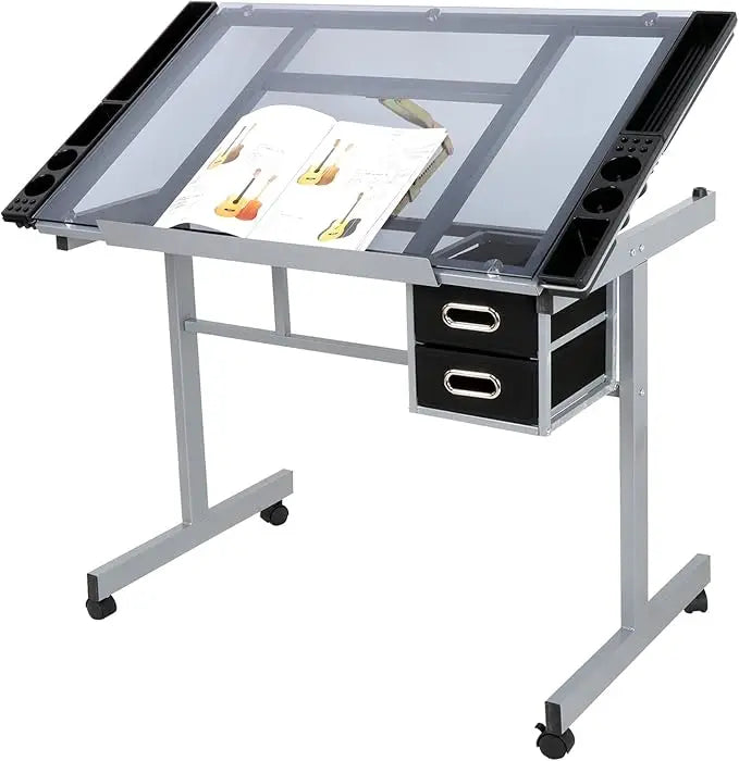Adjustable Drafting Table, Art/ Desk Drawing Table Versatile Art Craft Work Station Glass Tabletop w/2 Slide Drawers and Wheels
