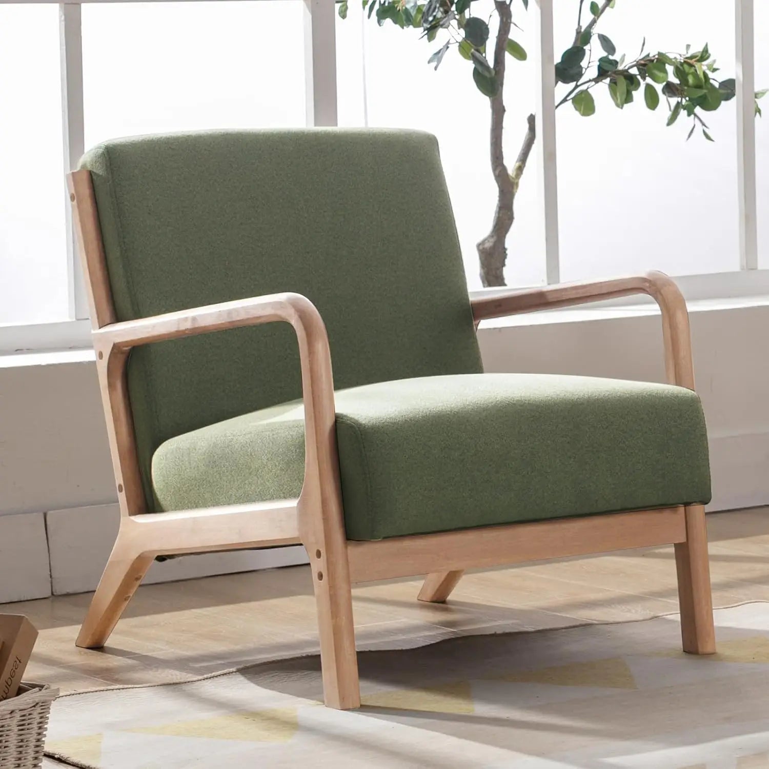Mid Century Modern Accent Chair, Comfy Fabric Living Room Chairs with Solid Wood Frame, Lounge Reading Armchair
