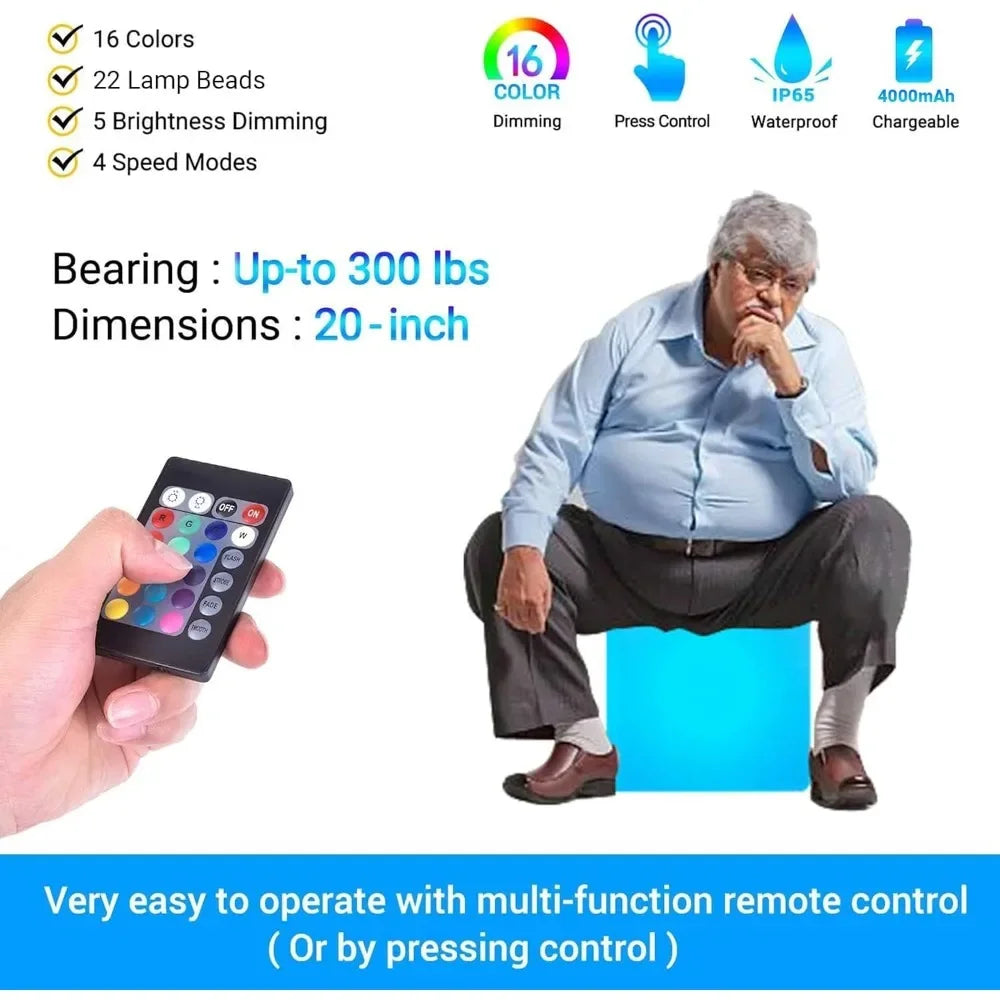20" LED Lighted Cube Table, Large Cube Chair Light, 16 RGB Colors Glowing Cube Seat w/Remote Cordless, Rechargeable