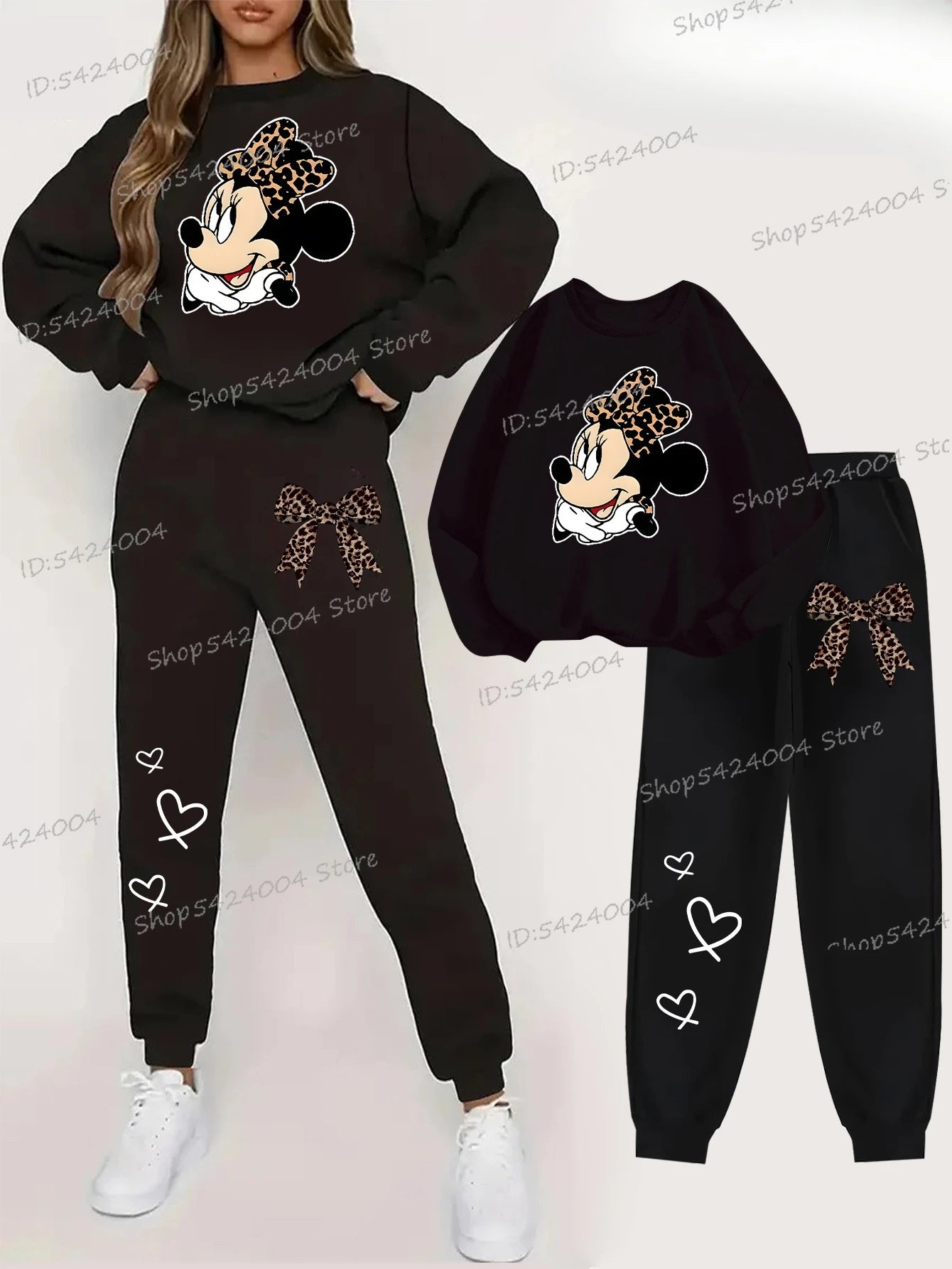 Cartoon Mickey Mouse Printed Two-Piece Set Women Fashion/ Minnie Sweatshirt + Pants 2Pc Suit Women Pullover Set