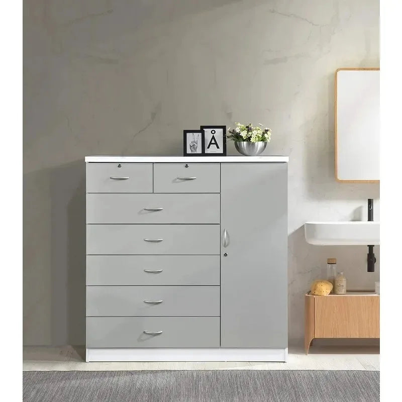 7-Drawer Large Chest with 5 Big Drawers, 2 Small Drawers, Locks, Hanging Rod, and 3 Shelves in Grey-White