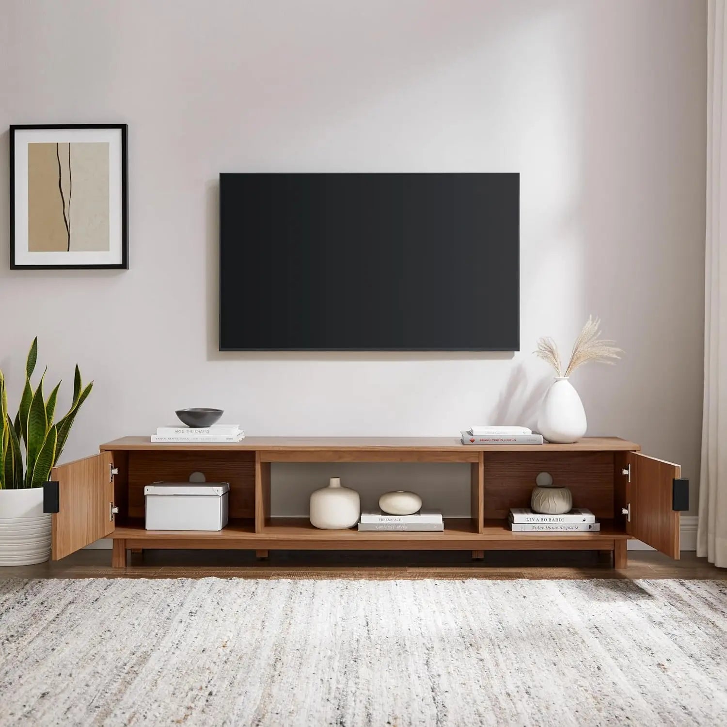 Modern Fluted-Door Low Stand for TVs up to 80 Inches, 70 x 15.75 x 16 inches, Mocha