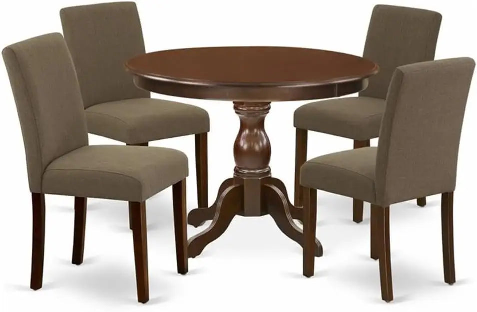 5-Piece Dining Set with Round Pedestal Table and Four Coffee Linen Chairs