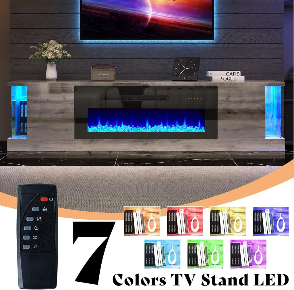 Glossy Oak Fireplace TV Stand with 36" Fireplace, 70" LED Lights Entertainment Center with Flip Doors & Corner Glass Decor