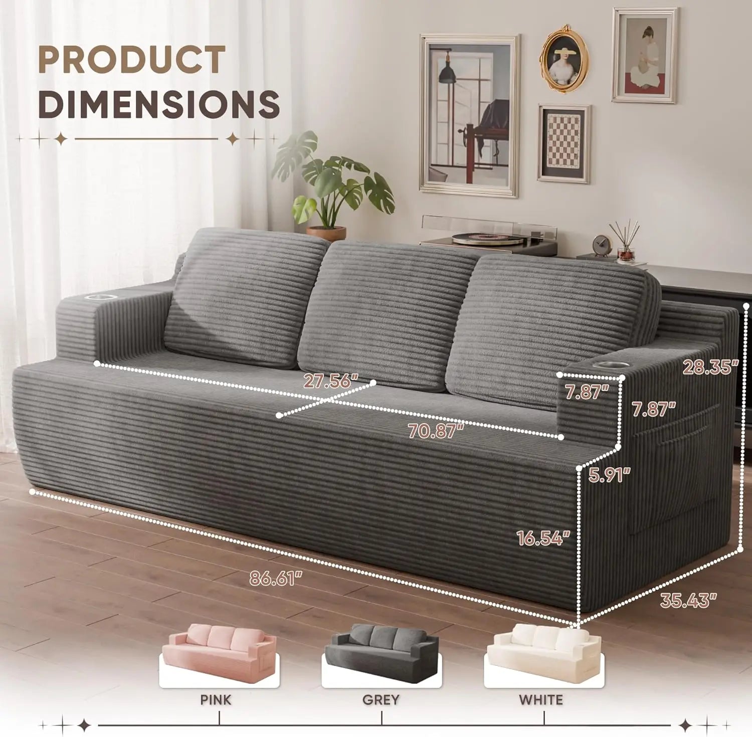 87” Boneless Sofa Couch with 2 Pillows Extra Deep Seats, Corduroy Fabric 3 Seater Sofa for Living Room with Cup Holder