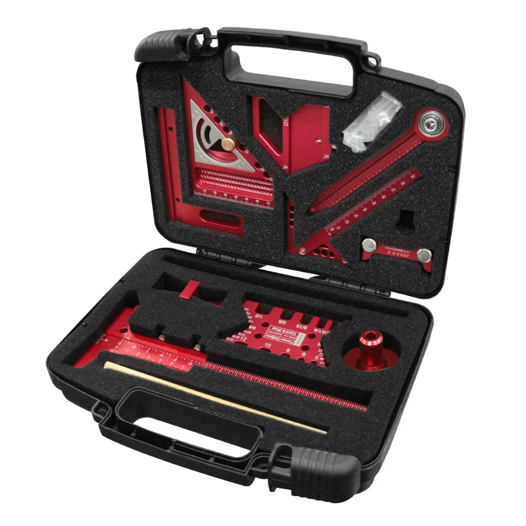 10pcs Woodworking Square Kit with Box, Aluminum Scribing Ruler, Center Finder, Circular Drawing, Compass, Honing Guide, Height Gauge