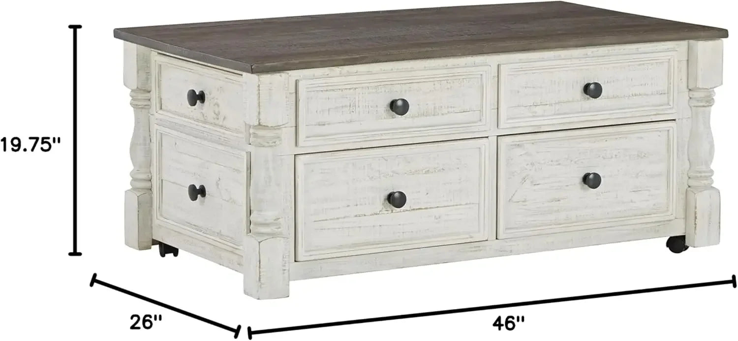 Farmhouse Lift Top Coffee Table with 4 Storage Drawers and Small Storage Tray, Whitewash