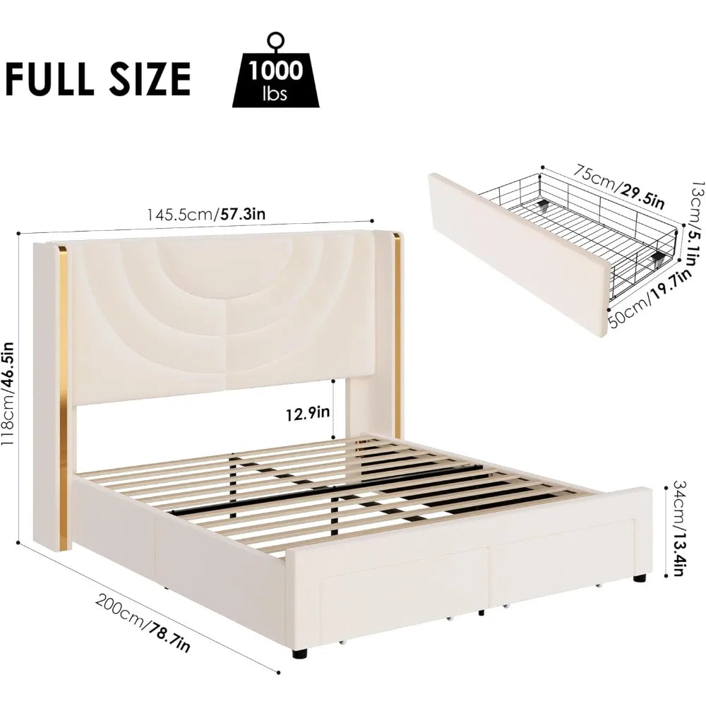 Full Upholstered LED Bed Frame with 2 Storage Drawers, Velvet Platform Bed with Wingback Headboard