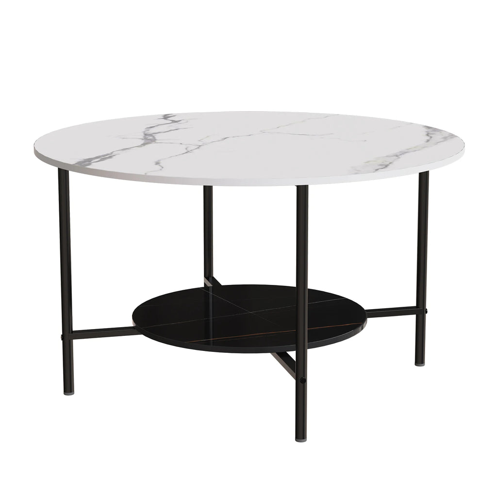 2 Tier Round Coffee Table Modern High End Sintered Stone Desk Home Furniture Table Metal Frame for Living Room, Bedroom