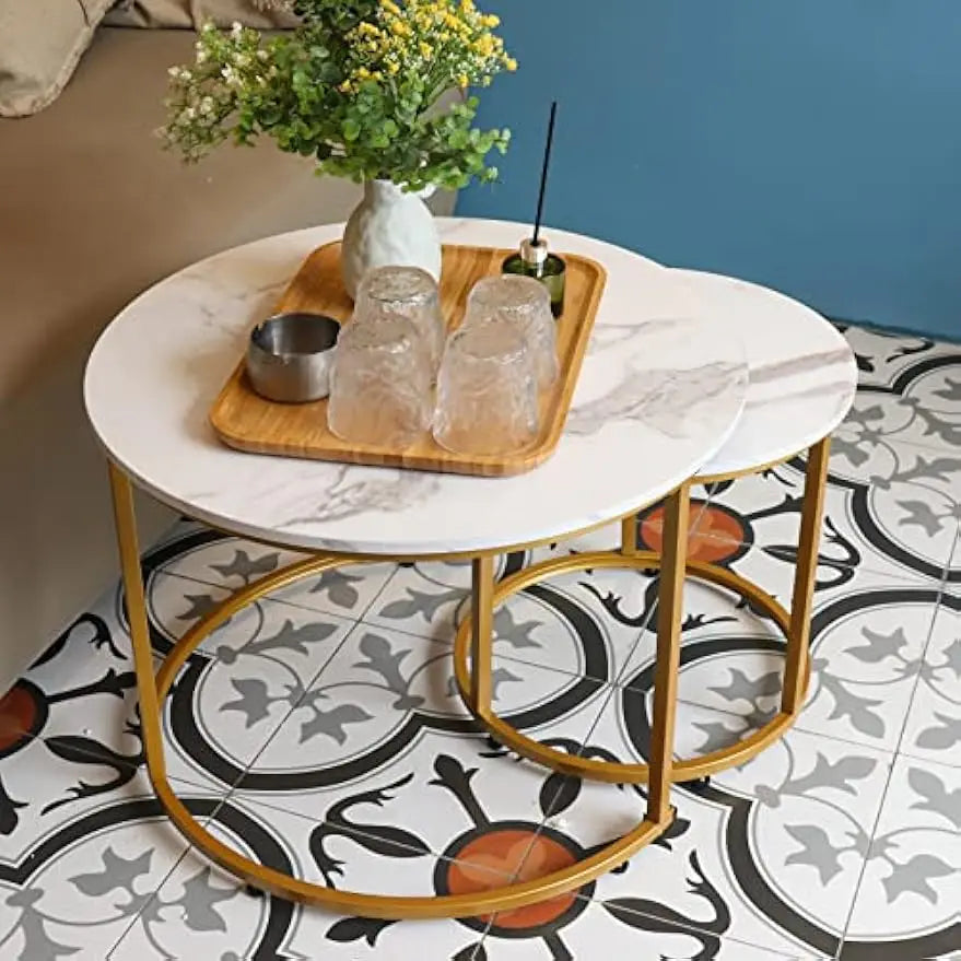 Coffee Table Nesting White Set of 2 Side Set Golden Frame Circular Round and Marble Pattern Wooden Tables, Living Room Bedroom