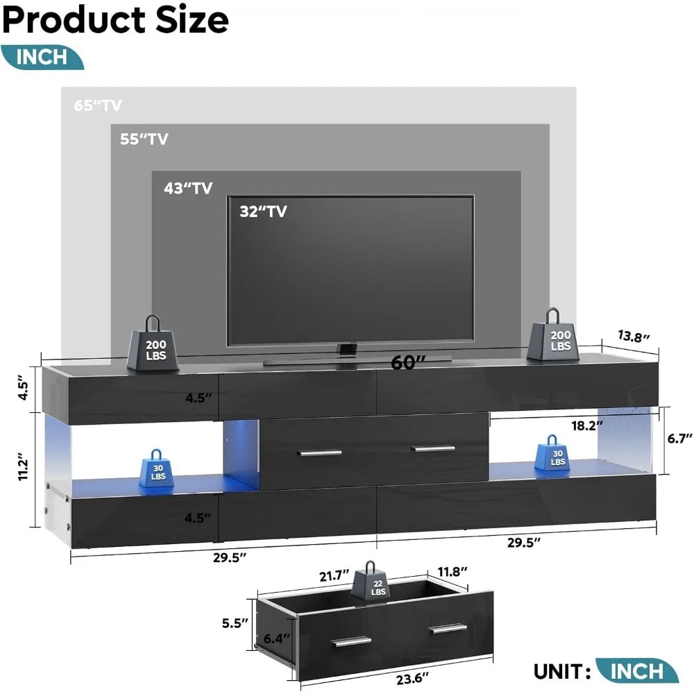 TV Stand for 55/60/65" TV, High Gloss Modern TV Stand with Stone-Patterned Side Panels, LED Entertainment Center
