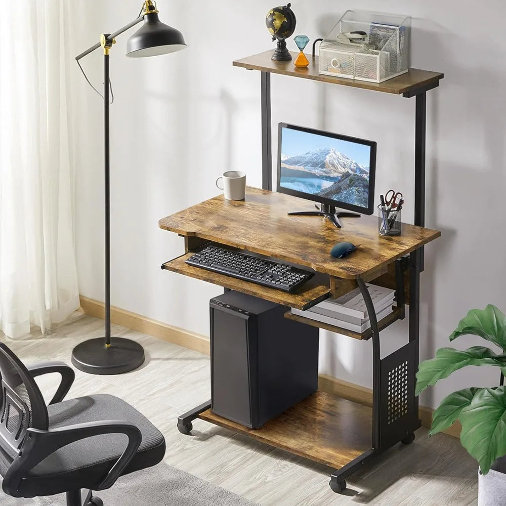 3 Tiers Rolling Computer Desk with Keyboard Tray and Printer Shelf for Home Office, Mobile Computer Desk for Small Space, Retro