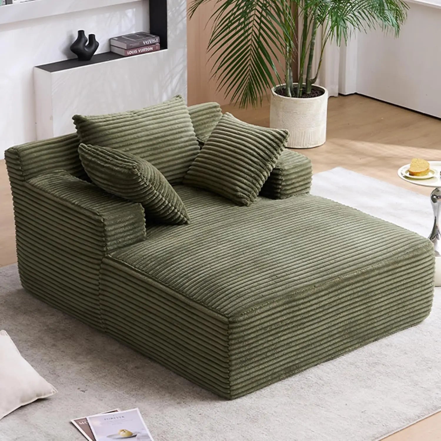 Oversized Chaise Lounge Chair with 3 Comfy Pillows for Living Room/ Bedroom, Wide Arms/ Corduroy Fabric/ High-Density