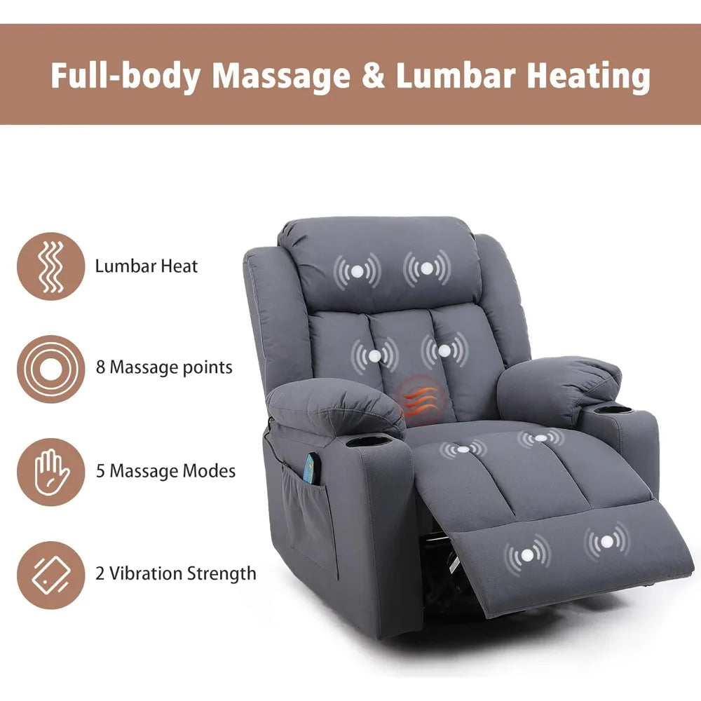 Adults Plush Swivel Recliner Chair: Oversized Manual Glider with Massage, Heat, and Cozy Fabric