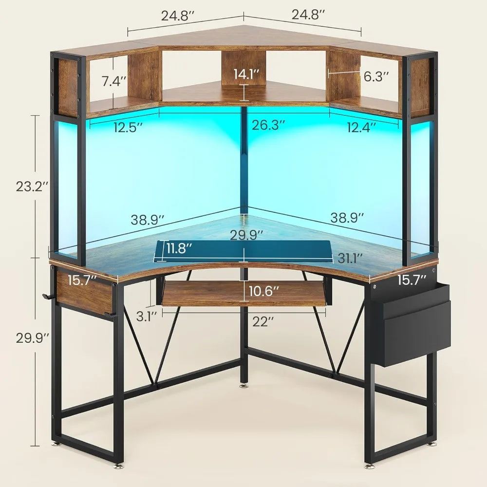 Compact Corner Desk with Integrated Hutch, LED Lighting, and Triangle-Shaped Keyboard Tray for Enhanced Storage and Ergonomics