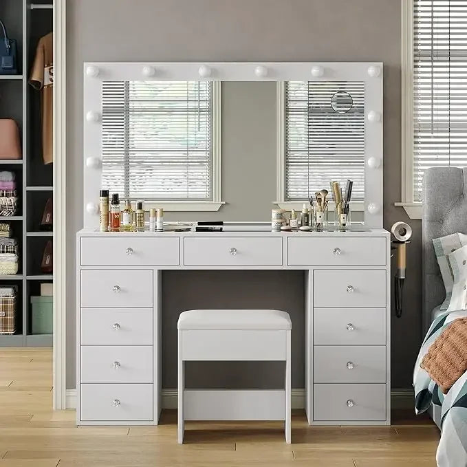 Vanity Desk with Power Outlet, Makeup Vanity with Mirror and 12 LED Lights, 3 Lighting Modes, 11 Drawers Vanity Table with Chair
