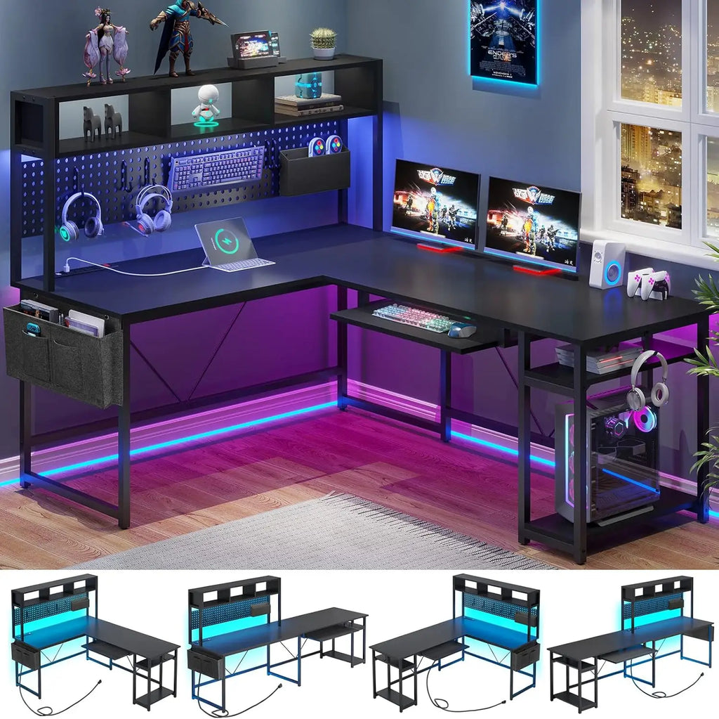 L Shaped Gaming Desk with LED Lights, Power Outlet & Storage - Reversible Corner Computer Desk for Home Office