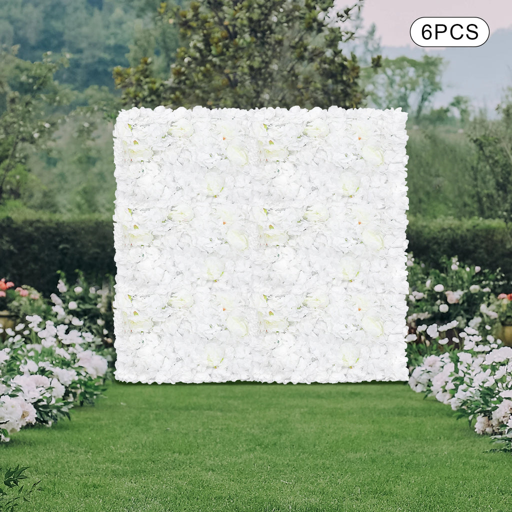6 Pack Artificial Flower Wall Panels, 60x40cm Large Silk Rose/ Peony /Dahlia/ Hydrangea Flowers for Wedding Backdrop /Home Room Wall Decor, White Fake Floral Grid Panel Set for Indoor Outdoor Fence Privacy Screen Party/ DIY D