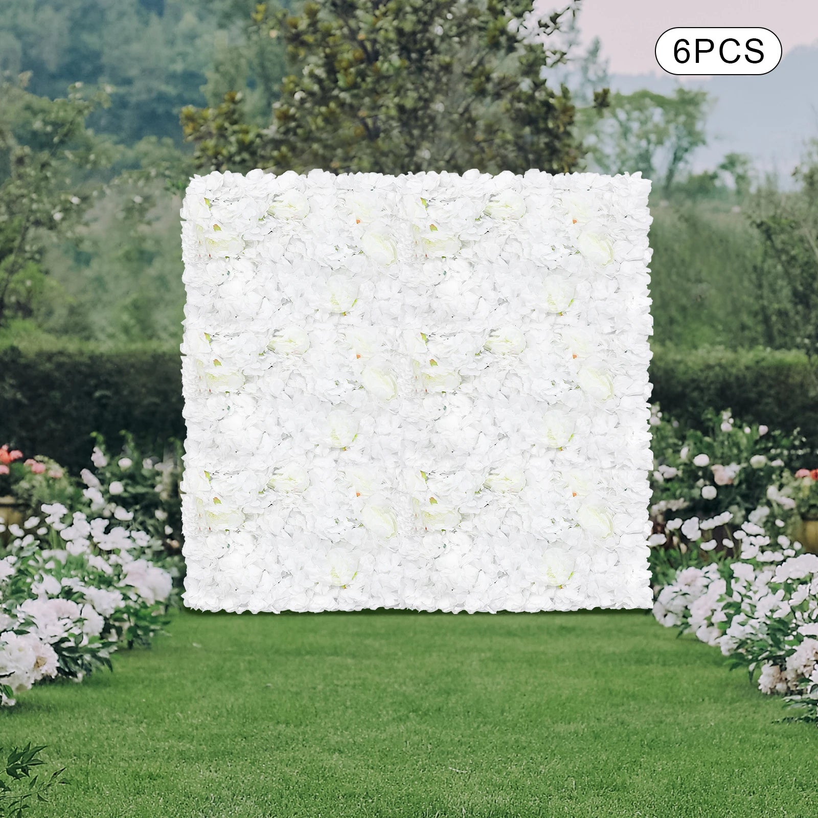 6 Pack Artificial Flower Wall Panels, 60x40cm Large Silk Rose/ Peony /Dahlia/ Hydrangea Flowers for Wedding Backdrop /Home Room Wall Decor, White Fake Floral Grid Panel Set for Indoor Outdoor Fence Privacy Screen Party/ DIY D