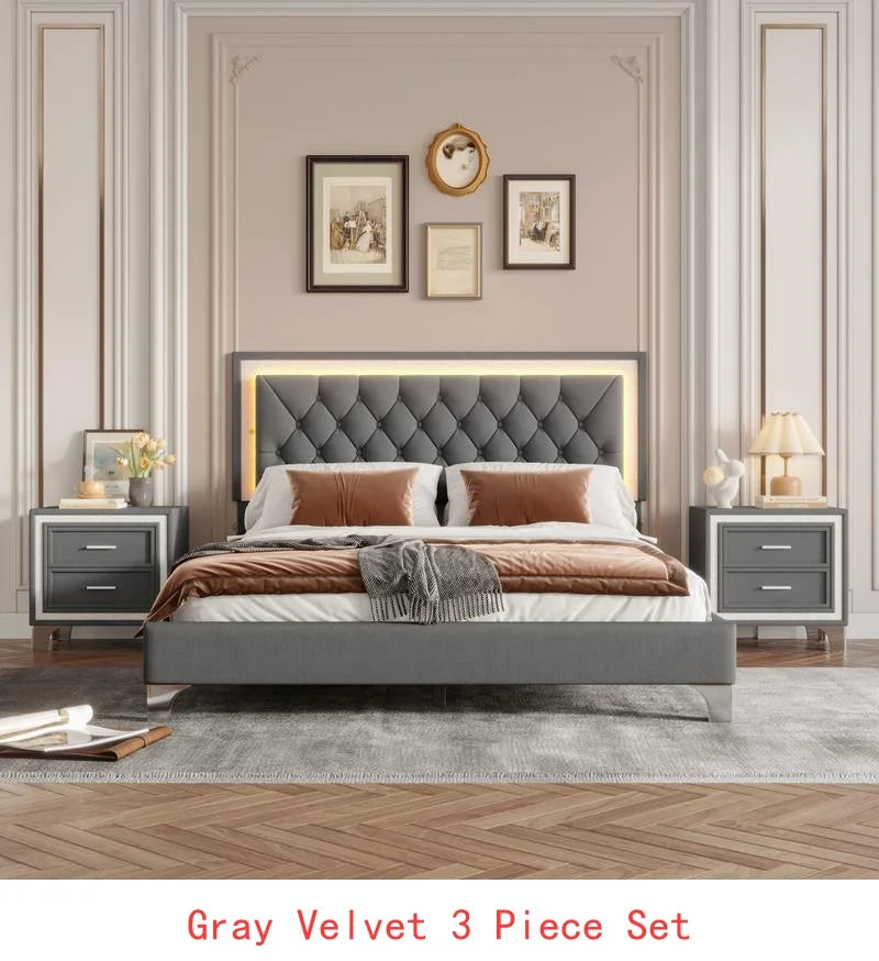 Queen Size Upholstered Platform Bed with LED Lights and 2 Nightstands in Gray - 3-Piece Bedroom Set