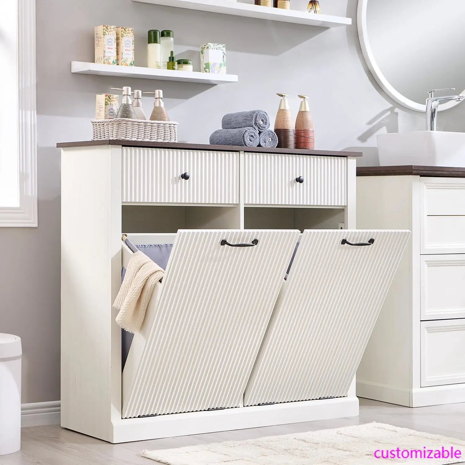 20 Gallon Fluted Laundry Hamper Cabinet w/2 Drawers, Wooden Hidden Garbage Can Cabinets with Storage Basket,White
