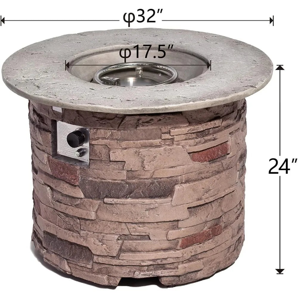 Outdoor Propane Concrete Fire Pit Table w/ Imitation Stone Surface 32-inch Round Fire Table, CSA Certified, 40,000 BTU Stainless