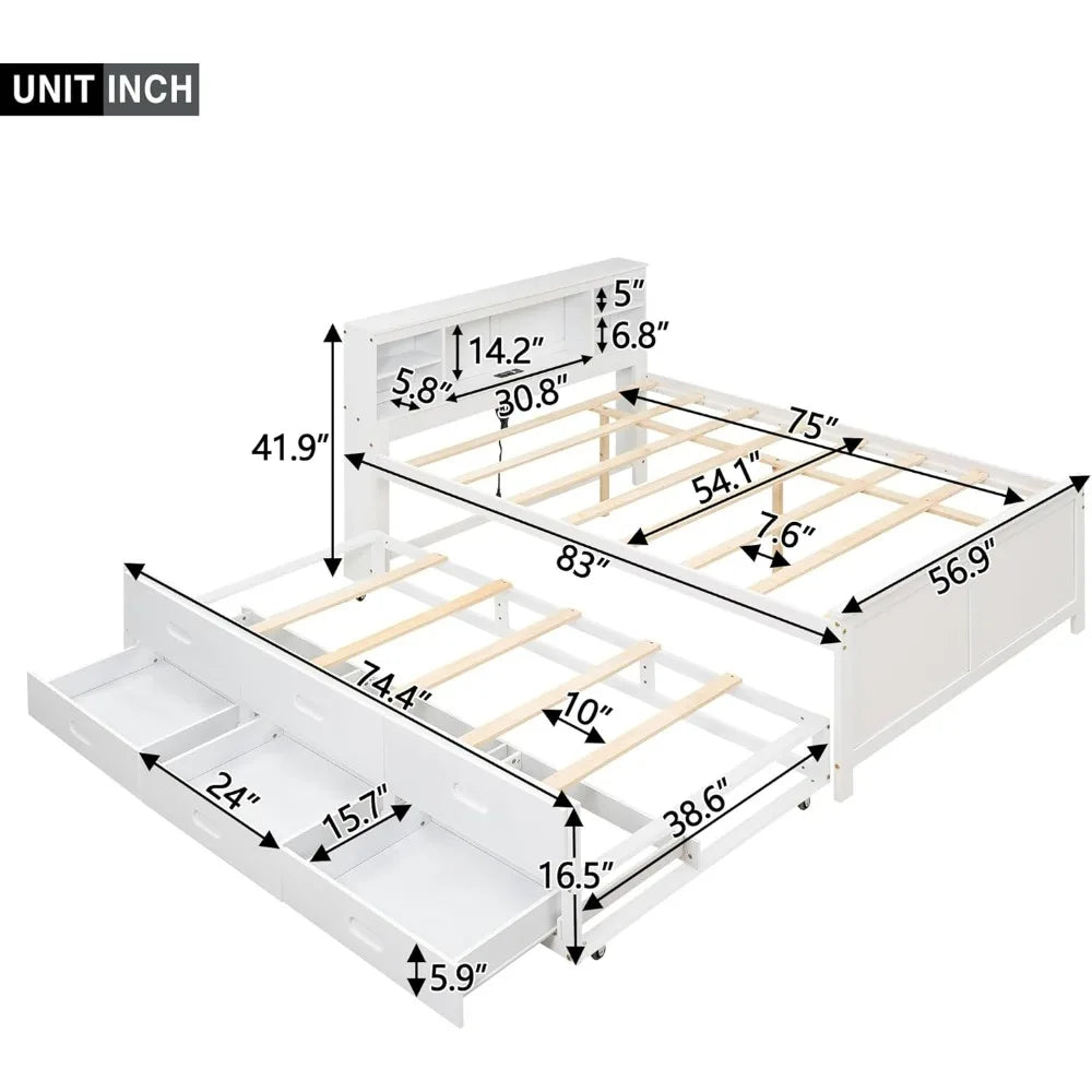 White Full Size Platform Bed with Storage, USB Ports, Wood Frame, Twin Trundle, and 3 Drawers