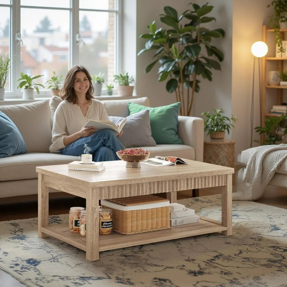 Coffee Table, 39 Inch Modern Coffee Table for Living Room with 2-Tier Storage & Wave-Edge, Oak Center Table for Bedroom/Office